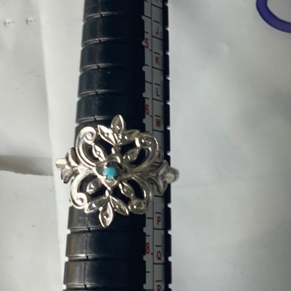 Vintage Style Silver Tone Filigree‎ Floral Ring Blue Faux Turquoise Size 7